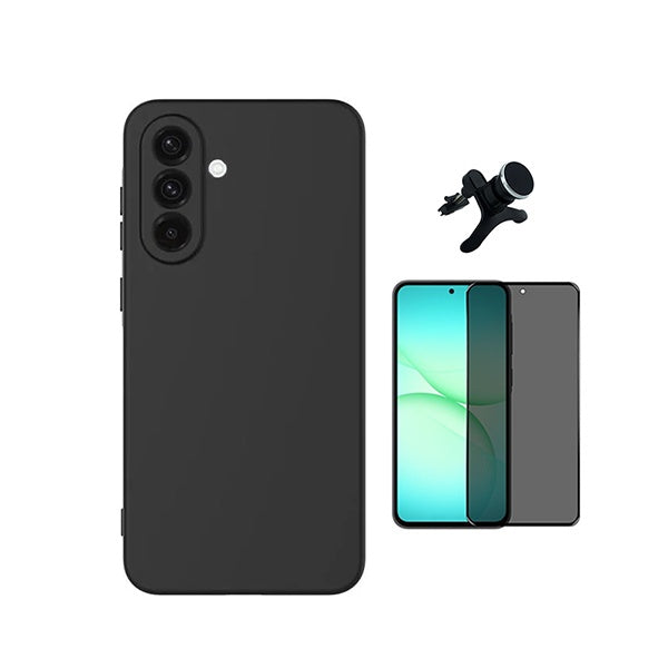 Kit Película de Vidro Temperado Privacidade + Capa Proteção Silicone + Suporte Reforçado de Carro GIFT4ME Para Samsung Galaxy A57 5G - Preto