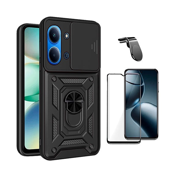Kit Película de Vidro Temperado Gorilasglass + Capa de Proteção Militar Magnética Janela + Suporte de Carro Magnético L GIFT4ME Para Xiaomi Redmi 15C - Preto