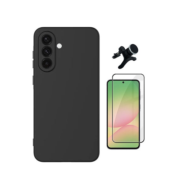 Kit Película de Vidro Temperado Gorilasglass + Capa Proteção Silicone + Suporte Reforçado de Carro GIFT4ME Para Samsung Galaxy A57 5G - Preto