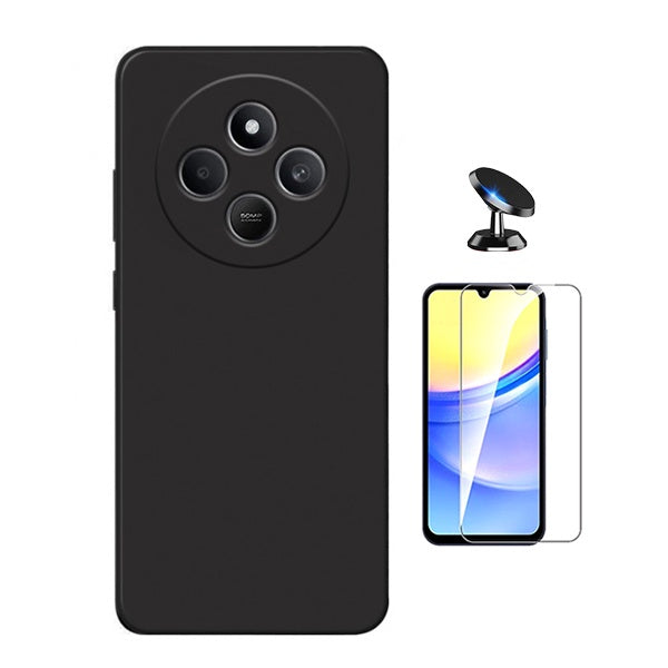 Kit Vidro Temperado Cleargorilasglass + Capa Proteção Silicone + Suporte de Carro Gift4Me Para Xiaomi Redmi 14C 5G - Preto