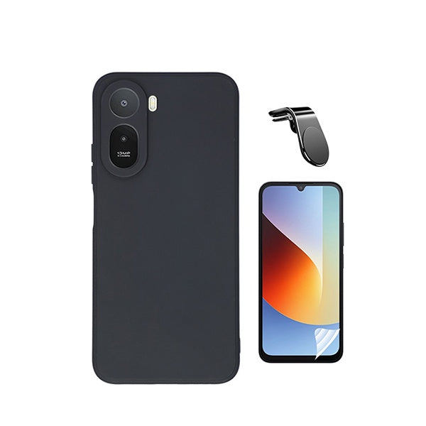 Kit Película Protectora de Hydrogel Frente + Capa Proteção Silicone + Suporte Magnético L GIFT4ME Para Xiaomi Redmi A7 Pro 4G - Preto