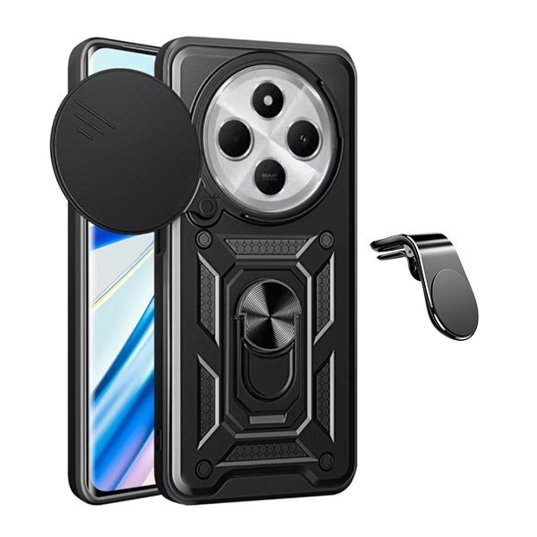 Kit Suporte de Carro Magnético L + Capa de Proteção Militar Magnética Janela Deslizante Gift4Me Para Xiaomi Redmi 14C - Preto