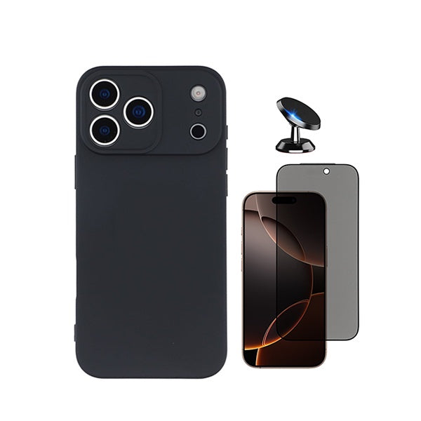 Kit Película de Vidro Temperado Privacidade + Capa Proteção Silicone + Suporte Magnético GIFT4ME Para Apple iPhone 18 Pro - Preto