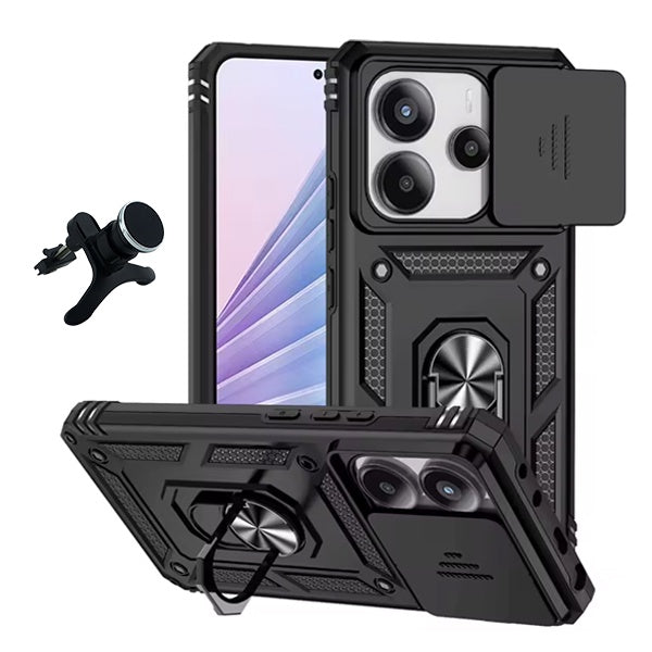 Kit Suporte Magnético Com Pernas + Capa de Proteção Militar Magnética Janela Deslizante Gift4Me Para Xiaomi Redmi Note 14 - Preto