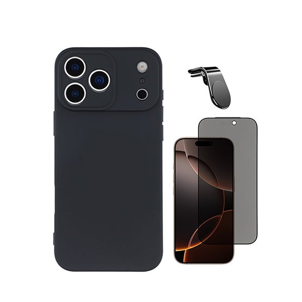 Kit Película de Vidro Temperado Privacidade + Capa Proteção Silicone + Suporte Magnético L GIFT4ME Para Apple iPhone 18 Pro Max - Preto