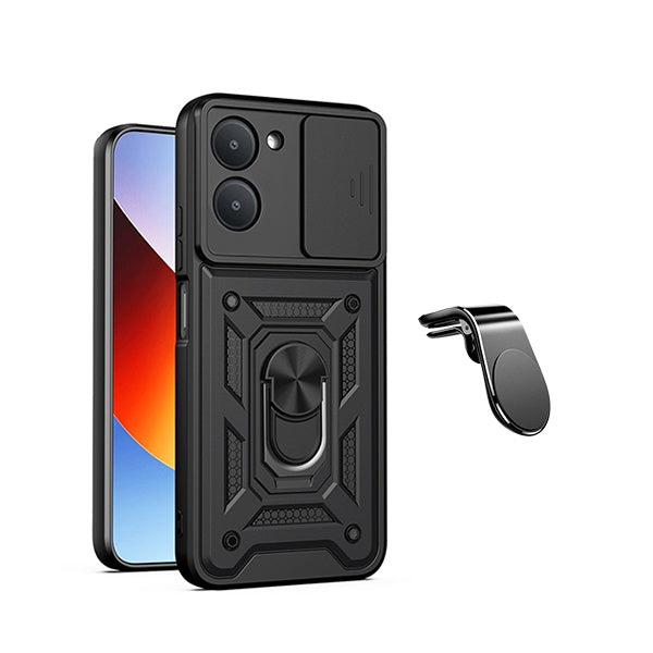 Kit Suporte de Carro Magnético L + Capa de Proteção Militar Magnética Janela Deslizante GIFT4ME Para Xiaomi Redmi A7 4G - Preto
