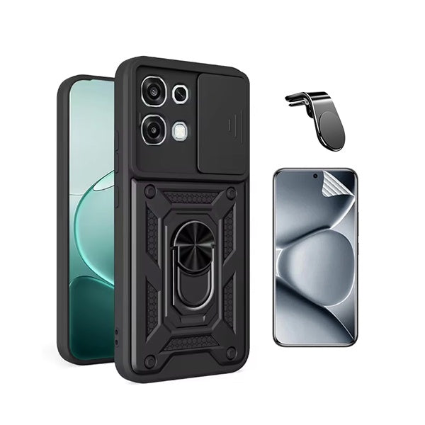 Kit Película Protectora de Hydrogel Frente + Capa de Proteção Militar Magnética Janela + Suporte de Carro Magnético L GIFT4ME Para Oppo A6 Pro - Preto