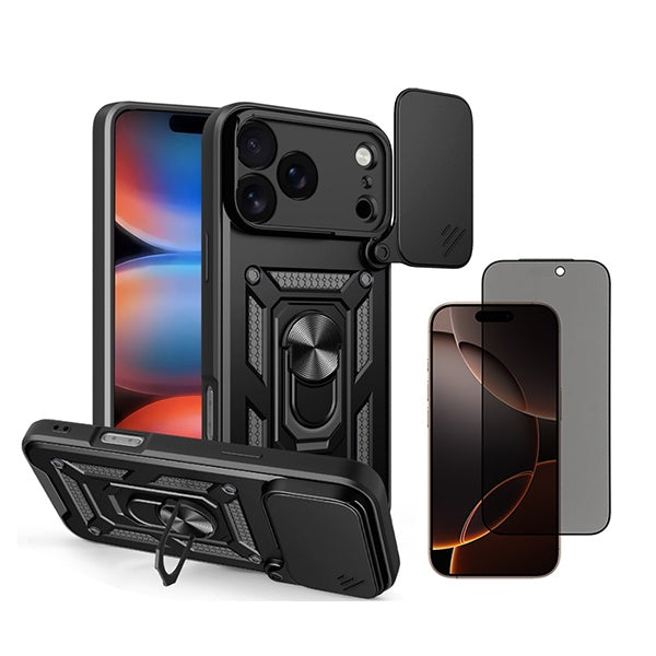 Kit Película de Vidro Temperado Privacidade + Capa de Proteção Militar Magnética Janela GIFT4ME Para Apple iPhone 18 Pro - Preto