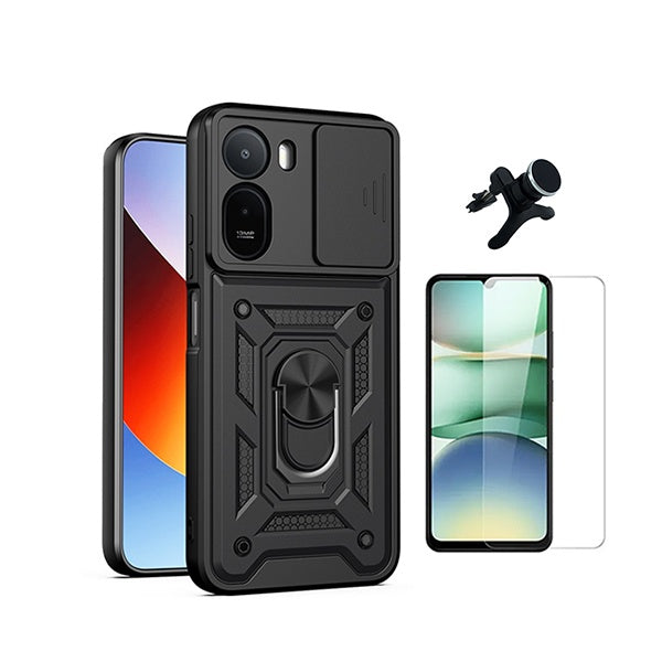 Kit Vidro Temperado Cleargorilasglass + Capa de Proteção Militar Magnética Janela + Suporte Magnético Com Pernas GIFT4ME Para Xiaomi Redmi A7 Pro 4G - Preto