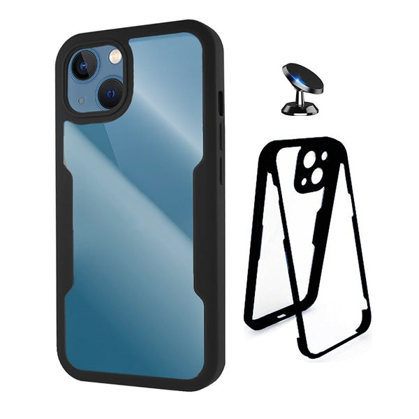 Kit Capa 360° Proteção Frente e Verso + Suporte Magnético Gift4Me Para Apple iPhone 13 Mini - Preto