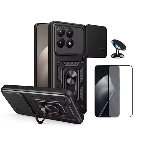 Kit Película de Vidro Temperado Gorilasglass + Capa de Proteção Militar Magnética Janela + Suporte Magnético GIFT4ME Para Xiaomi 15T 5G - Preto
