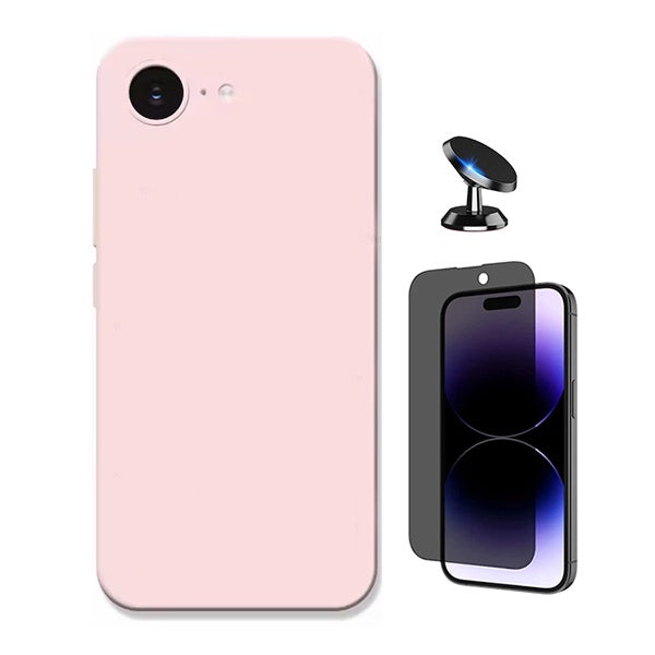 Kit Película de Vidro Temperado Privacidade + Capa Proteção Silicone + Suporte Magnético GIFT4ME Para Apple iPhone 16e - Rosa