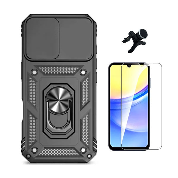 Kit Vidro Temperado Cleargorilasglass + Capa de Proteção Militar Magnética Janela + Suporte Magnético Com Pernas GIFT4ME Para Xiaomi Redmi A5 4G - Preto