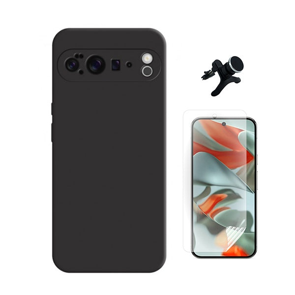 Kit Película Protectora de Hydrogel Frente + Capa Proteção Silicone + Suporte Reforçado de Carro GIFT4ME Para Google Pixel 10 Pro - Preto