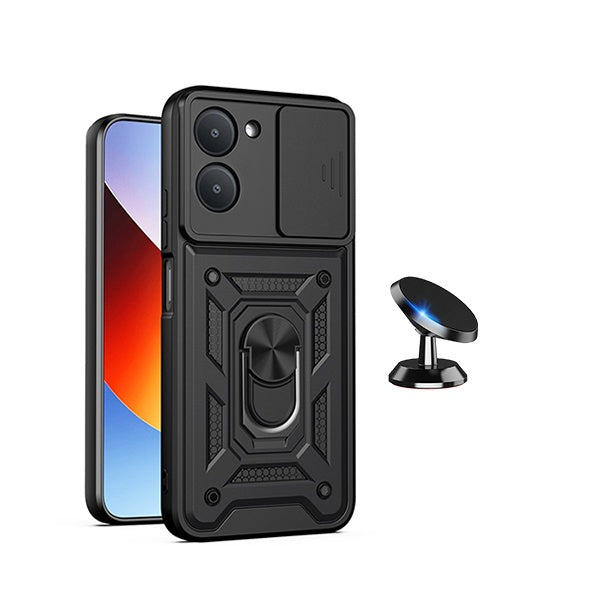 Kit Suporte Magnético + Capa de Proteção Militar Magnética Janela Deslizante GIFT4ME Para Xiaomi Redmi A7 - Preto