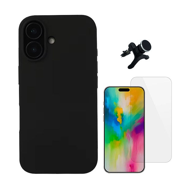 Kit Vidro Temperado Cleargorilasglass + Capa Proteção Traseira Silicone + Suporte Reforçado de Carro GIFT4ME Compativel Com Apple iPhone 16 - Preto