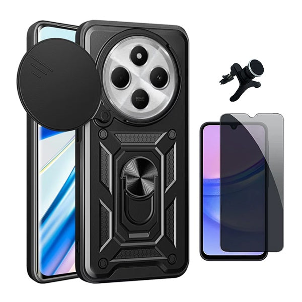 Kit Película de Vidro Temperado Privacidade + Capa de Proteção Militar Magnética Janela + Suporte Magnético Com Pernas Gift4Me Para Xiaomi Redmi 14C - Preto