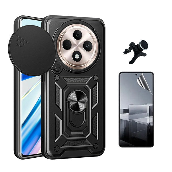 Kit Película Protectora de Hydrogel Frente + Capa de Proteção Militar Magnética Janela + Suporte de Carro Magnético L Gift4Me Para Oppo Reno12 F 5G - Preto