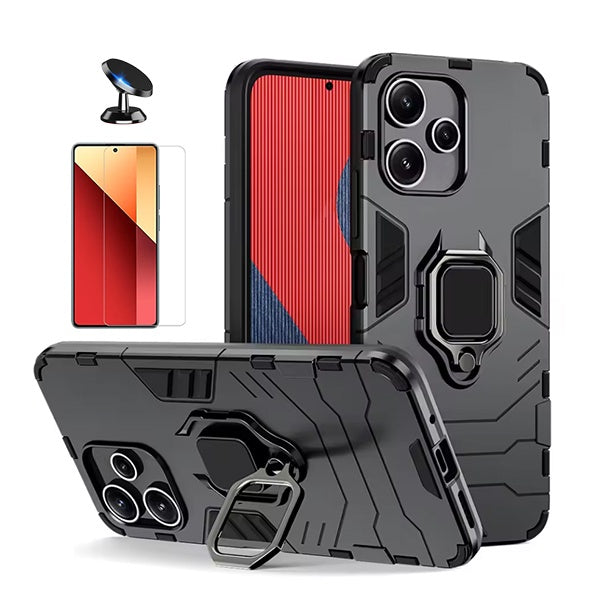Kit Vidro Temperado Cleargorilasglass + Capa de Proteção Militar Magnética + Suporte Magnético Gift4Me Para Xiaomi Redmi Note 14 - Preto