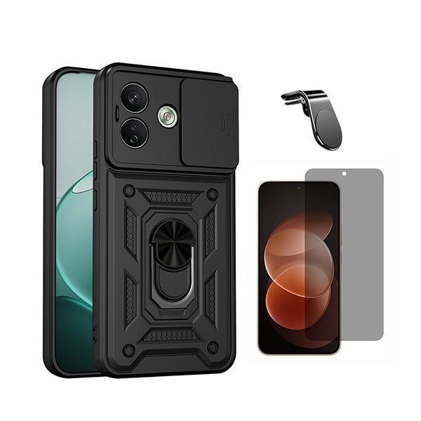 Kit Película de Vidro Temperado Privacidade + Capa de Proteção Militar Magnética Janela + Suporte de Carro Magnético L GIFT4ME Para Xiaomi Redmi Note 17 Pro 5G - Preto