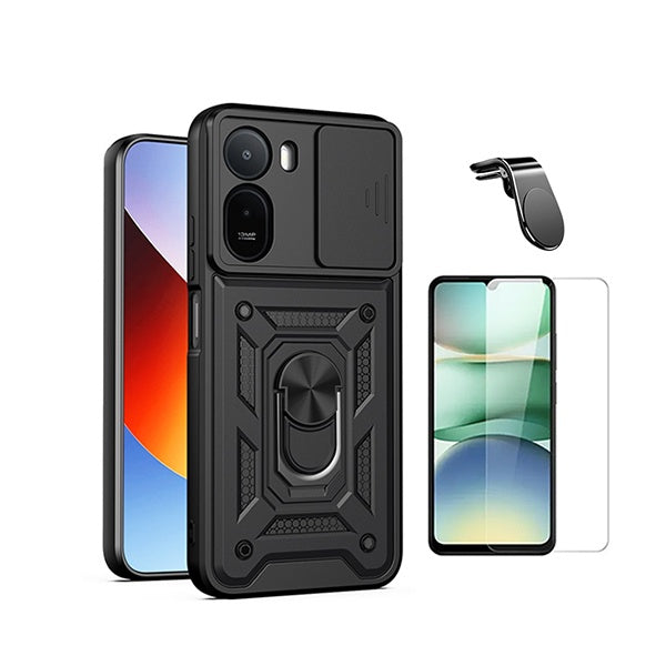 Kit Vidro Temperado Cleargorilasglass + Capa de Proteção Militar Magnética Janela + Suporte de Carro Magnético L GIFT4ME Para Xiaomi Redmi A7 Pro 4G - Preto