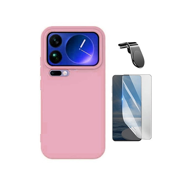 Kit Película Protectora de Hydrogel Frente + Capa Proteção Silicone + Suporte Magnético L GIFT4ME Para Xiaomi 17 Pro Max 5G - Rosa