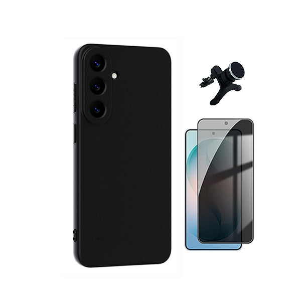 Kit Película de Vidro Temperado Privacidade + Capa Proteção Silicone + Suporte Reforçado de Carro GIFT4ME Para Samsung Galaxy S26 FE - Preto