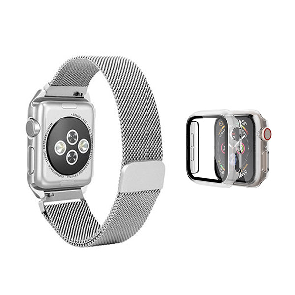 Kit Bracelete Milanese Com Fecho Magnético + Capa de Proteção + Vidro GIFT4ME Compativel Com Apple Watch Series 10 - 46mm - Cinza / Transparente