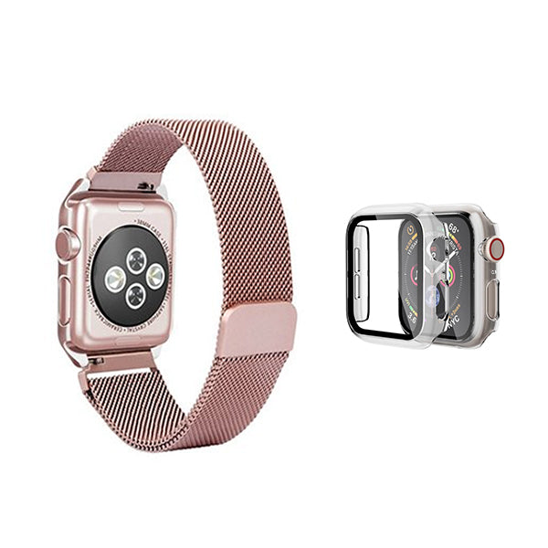 Kit Bracelete Milanese Com Fecho Magnético + Capa de Proteção + Vidro GIFT4ME Compativel Com Apple Watch Series 10 - 46mm - Rosa / Transparente