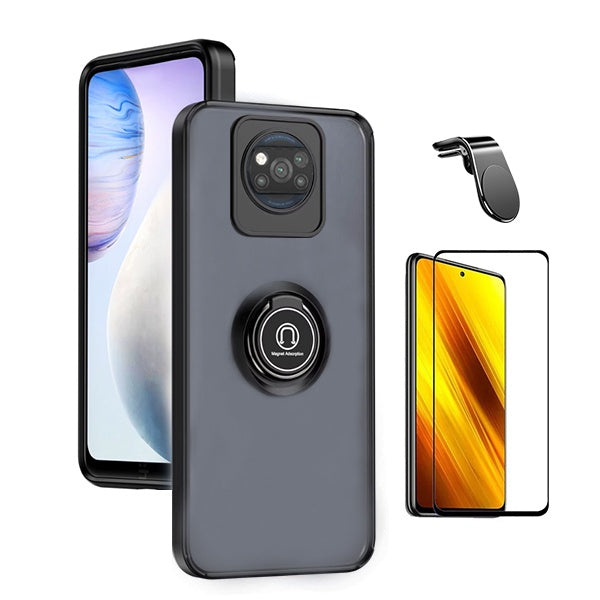 Kit Capa Anti-Impacto Clear com Anel + Vidro Temperado Gorilaglass + Suporte Magnético L GIFT4ME Para Xiaomi Poco X3 - Transparente/Preto