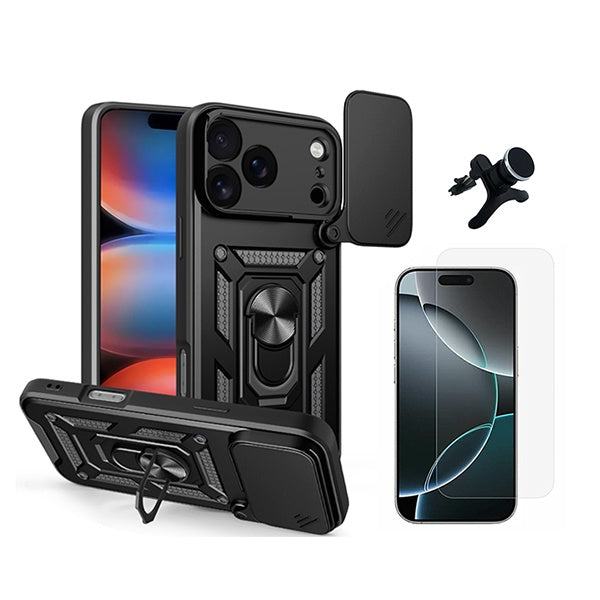 Kit Vidro Temperado Cleargorilasglass + Capa de Proteção Militar Magnética Janela + Suporte Magnético Com Pernas GIFT4ME Para Apple iPhone 18 Pro Max - Preto