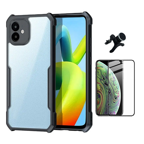 Kit Capa Traseira Fumê Rígida + Película de Vidro Temperado Gorilasglass + Suporte GIFT4ME Para Apple iPhone 12 - Transparente/Preto
