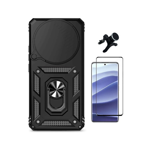 Kit Película de Vidro Temperado Gorilasglass + Capa de Proteção Militar Magnética Janela + Suporte Magnético Com Pernas GIFT4ME Para Xiaomi Redmi Note 15 Pro + Plus - Preto