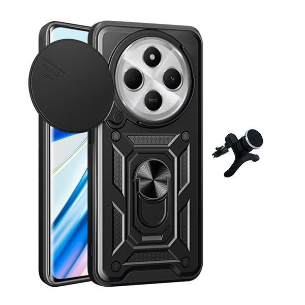 Kit Suporte Magnético Com Pernas + Capa de Proteção Militar Magnética Janela Deslizante Gift4Me Para Xiaomi Redmi 14C 5G - Preto