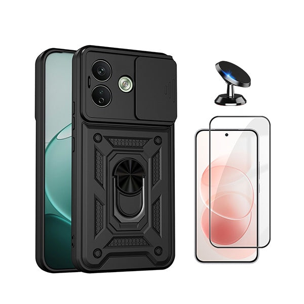 Kit Película de Vidro Temperado Gorilasglass + Capa de Proteção Militar Magnética Janela + Suporte Magnético GIFT4ME Para Xiaomi Redmi Note 17 Pro 5G - Preto