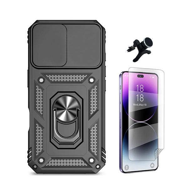 Kit Película Protectora de Hydrogel Frente + Capa de Proteção Militar Magnética Janela + Suporte Magnético Com Pernas GIFT4ME Compativel Com Apple iPhone 16 - Preto