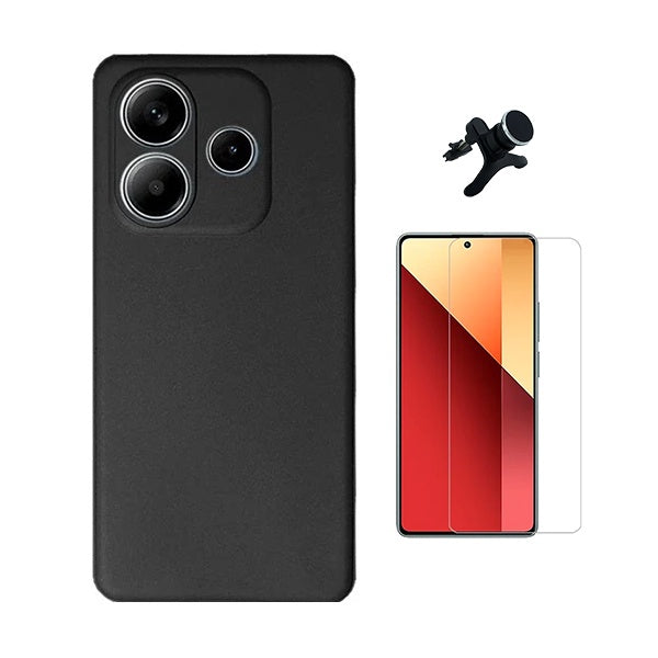 Kit Vidro Temperado Cleargorilasglass + Capa Proteção Silicone + Suporte Reforçado de Carro Gift4Me Para Xiaomi Redmi Note 14 4G - Preto