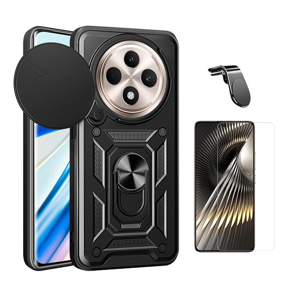 Kit Vidro Temperado Cleargorilasglass + Capa de Proteção Militar Magnética Janela + Suporte de Carro Magnético L Gift4Me Para Oppo Reno12 FS 4G - Preto