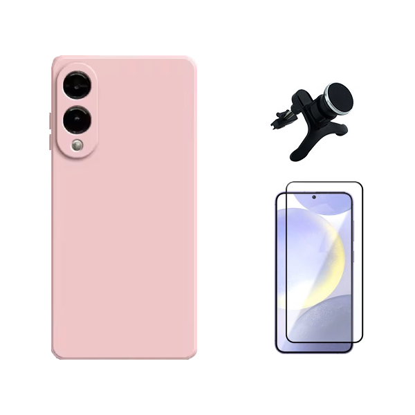 Kit Película de Vidro Temperado Gorilasglass + Capa Proteção Silicone + Suporte Reforçado de Carro Gift4Me Para Samsung Galaxy S25 Edge - Rosa