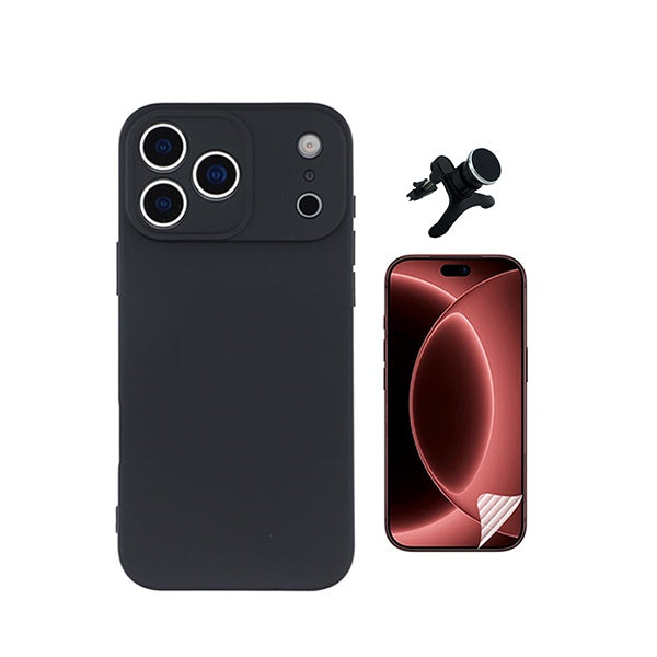 Kit Película Protectora de Hydrogel Frente + Capa Proteção Silicone + Suporte Reforçado de Carro GIFT4ME Para Apple iPhone 18 Pro - Preto