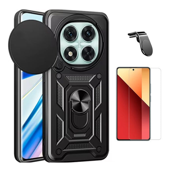 Kit Vidro Temperado Cleargorilasglass + Capa de Proteção Militar Magnética Janela + Suporte de Carro Magnético L Gift4Me Para Xiaomi Redmi Note 14 Pro 5G - Preto