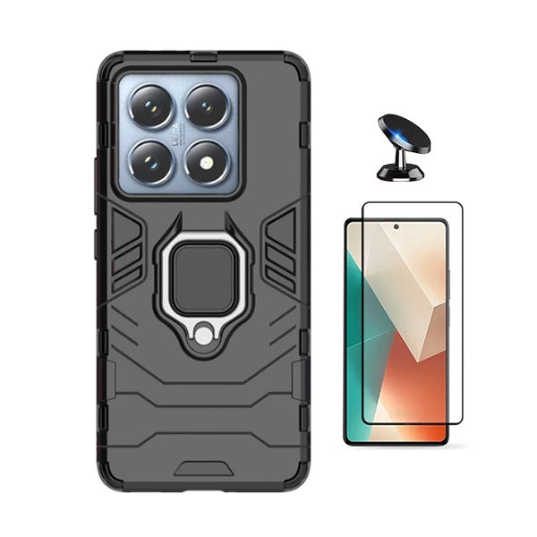 Kit Película de Vidro Temperado Gorilasglass + Capa de Proteção Militar Magnética + Suporte Magnético Gift4Me Para Xiaomi 14T Pro - Preto