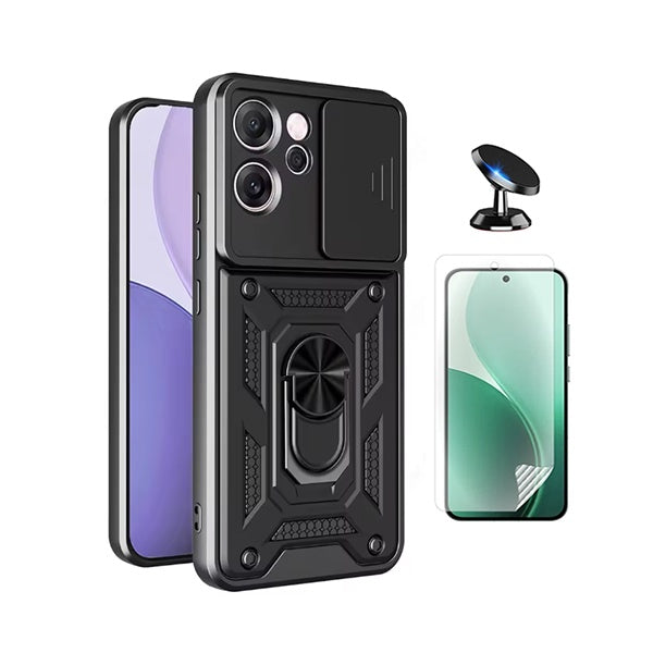 Kit Película Protectora de Hydrogel Frente + Capa de Proteção Militar Magnética Janela + Suporte Magnético GIFT4ME Para Oppo Reno14 F - Preto