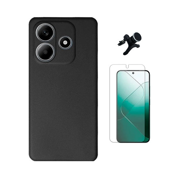 Kit Película Protectora de Hydrogel Frente + Capa Proteção Silicone + Suporte Reforçado de Carro Gift4Me Para Xiaomi Redmi Note 14 - Preto