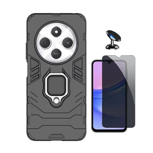 Kit Película de Vidro Temperado Privacidade + Capa de Proteção Militar Magnética + Suporte Magnético Gift4Me Para Xiaomi Redmi 14C 5G - Preto