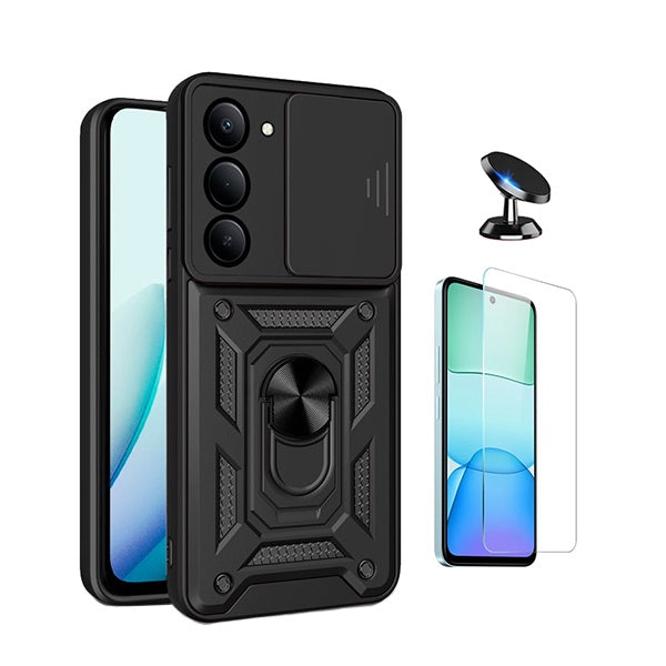 Kit Vidro Temperado Cleargorilasglass + Capa de Proteção Militar Magnética Janela + Suporte Magnético GIFT4ME Para Xiaomi Redmi 15 4G - Preto