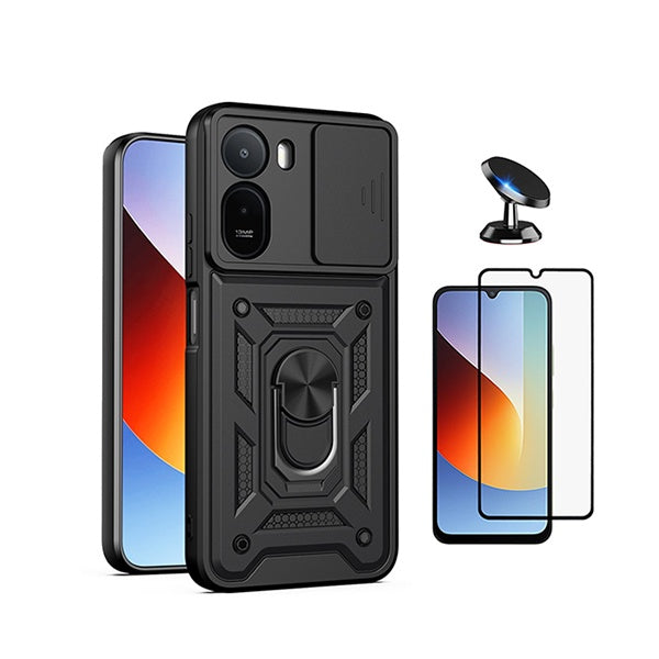 Kit Película de Vidro Temperado Gorilasglass + Capa de Proteção Militar Magnética Janela + Suporte Magnético GIFT4ME Para Xiaomi Redmi A7 Pro 4G - Preto