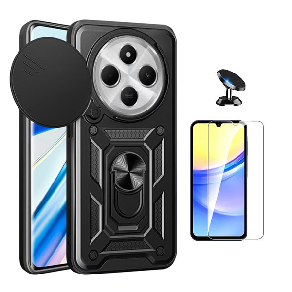 Kit Vidro Temperado Cleargorilasglass + Capa de Proteção Militar Magnética Janela + Suporte Magnético Gift4Me Para Xiaomi Redmi 14C 5G - Preto