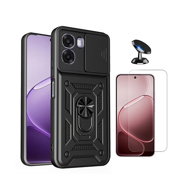 Kit Vidro Temperado Cleargorilasglass + Capa de Proteção Militar Magnética Janela + Suporte Magnético GIFT4ME Para Oppo A6x - Preto