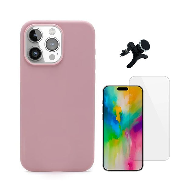 Kit Vidro Temperado Cleargorilasglass + Capa Proteção Traseira Silicone + Suporte Reforçado de Carro GIFT4ME Compativel Com Apple iPhone 16 Pro - Rosa